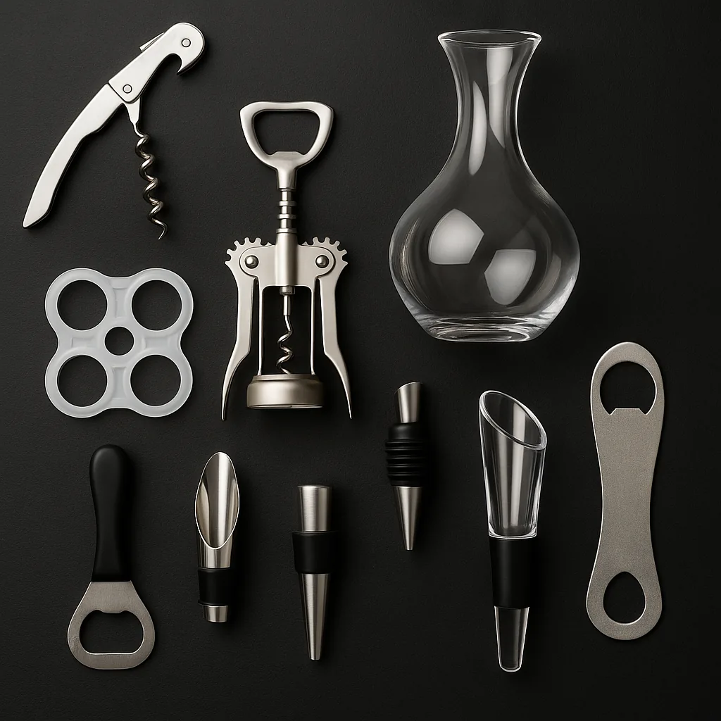 Corkscrews, a glass decanter, bottle openers and pourers on a charcoal surface