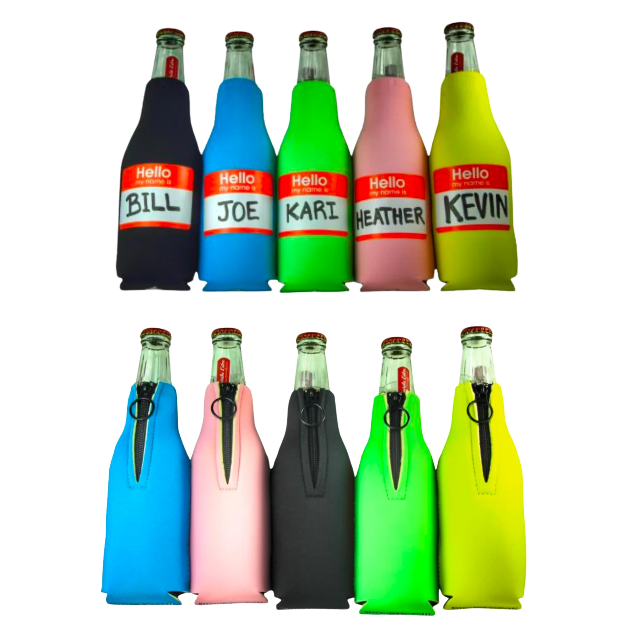 5 pc Colorful Bottle Koozies – Hello, My Name is… (5 sets/box)